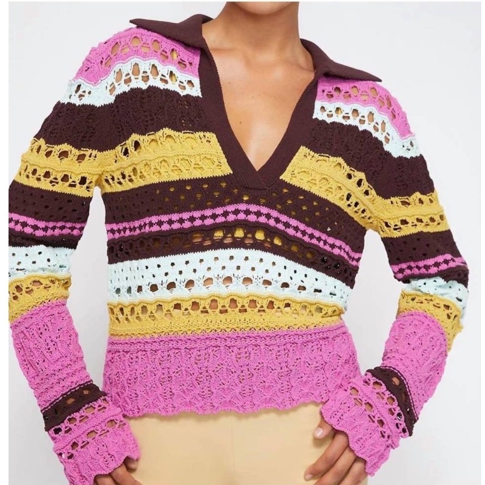 Jonathan Simkhai Roxana Macrame Mixed Media Pullover Top Multi Striped M NWOT